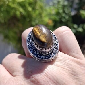 New Huge Tiger Eye 925 Silver Statement Ring.